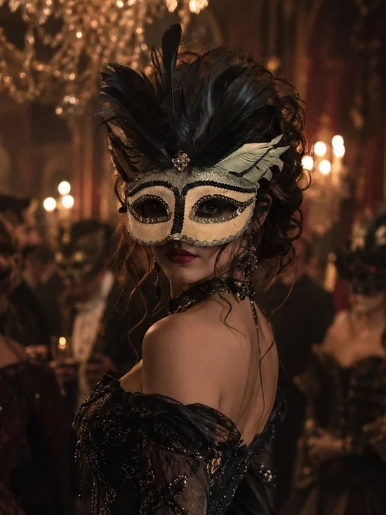 Black Feathered Masquerade Mask with Ivory Accents