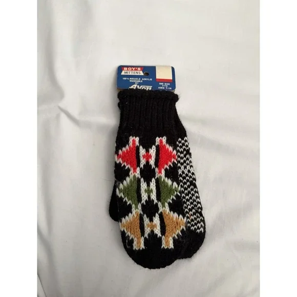 Avon Boys Mittens Black Geometric Pattern Acrylic One‎ Size Ages 7-14