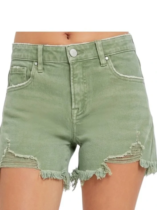 NWT Risen Olivia Mid Rise Olive Frayed Hem Denim Shorts.