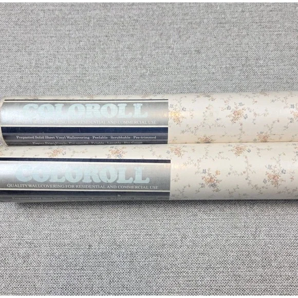 2 Rolls Of Vintage Coloroll Pastel Floral Vinyl Pre-Pasted Wallcovering Slocombe