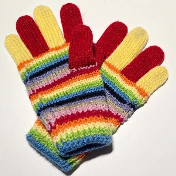 Kids Rainbow Striped Knit Gloves Winter Warm Mittens approx 7.5
