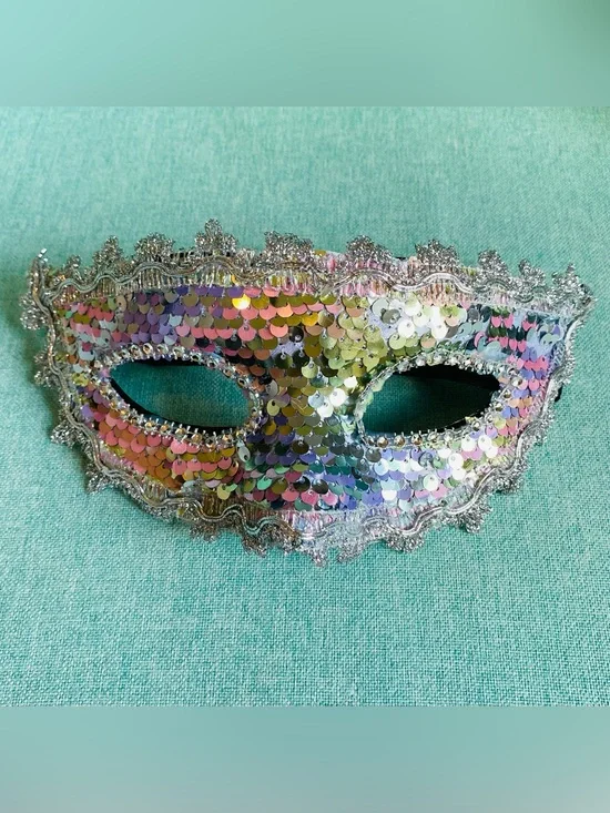 Iridescent Silver Sequined Masquerade Mask