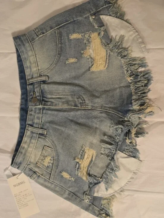 Light Blue Distressed Denim Fringe Hem Jean Shorts