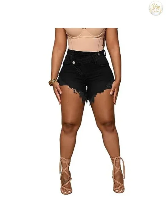 Women's High Waisted Crossover Jean Shorts Ripped Hem Raw Denim