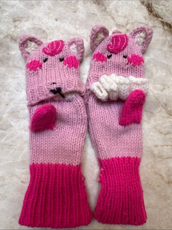 Joules Pink Plush Animal Knit Mittens with Hot Pink Accents