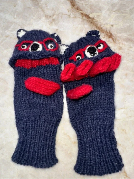 Joules Navy Mittens with Red Bear Details