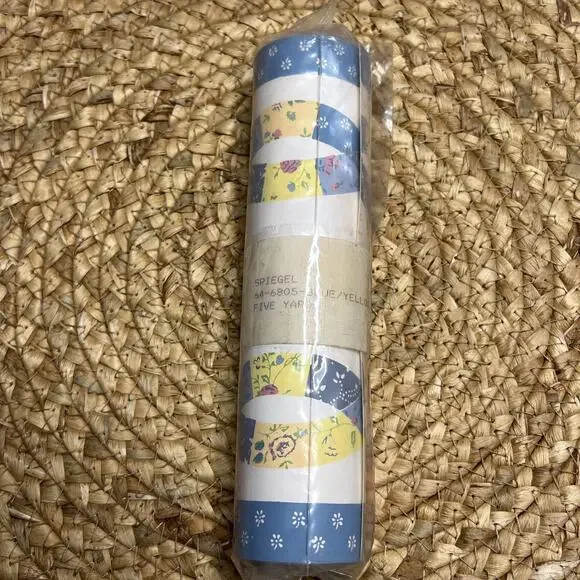 Vintage Spiegel Double Wedding Ring Quilt Wallpaper Border Blue Yellow 5 Yds NOS