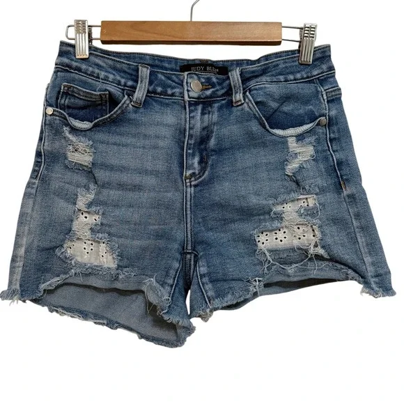 Judy Blue Women Denim Shorts S Blue Distressed Eyelet Lace Frayed Boho Festival