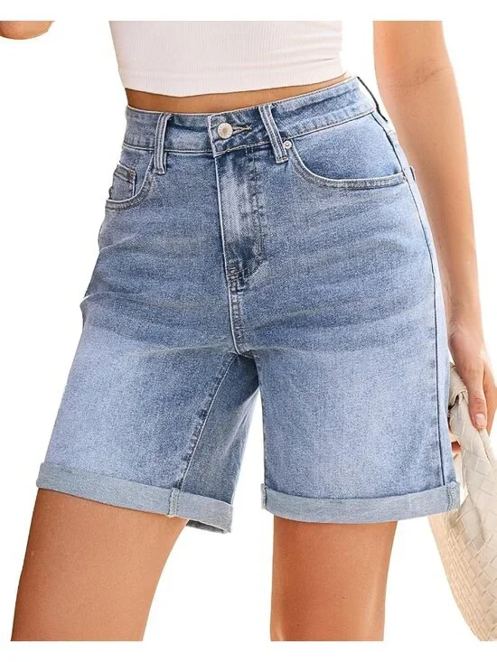 Women's Bay Blue High Waisted Fold Hem Stretchy 5 Basic Pocket Long Denim Shorts