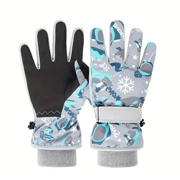 Kids Winter Snowboarding Ski Gloves 9-13 YO‎ Gray Animals Snow Insulated Warm