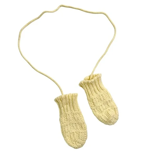 Vintage Knit Connected Mittens Infant Yellow Basketweave String Baby Gloves