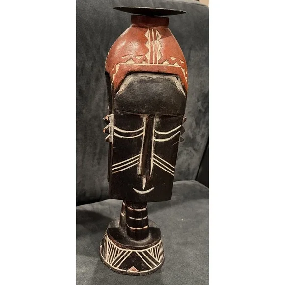 Tribal Wooden Mask Hand Carved Black & Red Bold Stands On Table