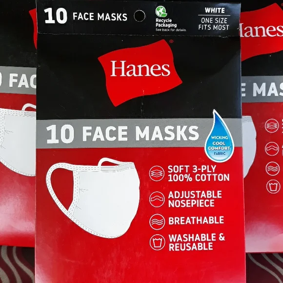 Hanes 10 Pack White Face Masks 100% Cotton 3-Ply Adjustable‎ Breathable Reusable
