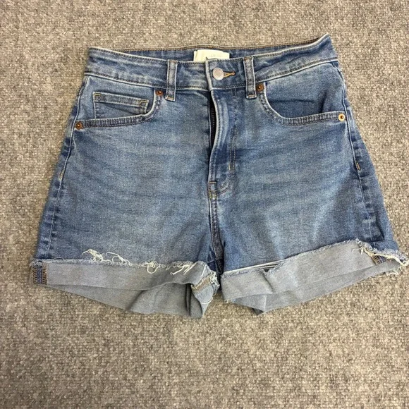 H&M Denim Shorts Womens 4 Blue‎ High Waist Raw Hem Cuffed Cutoff1