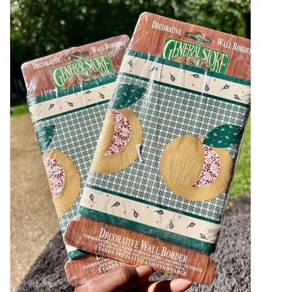 The General Store Wall Border‎ 5 Yds Green Peach Fruit Plaid Vintage New 2pk