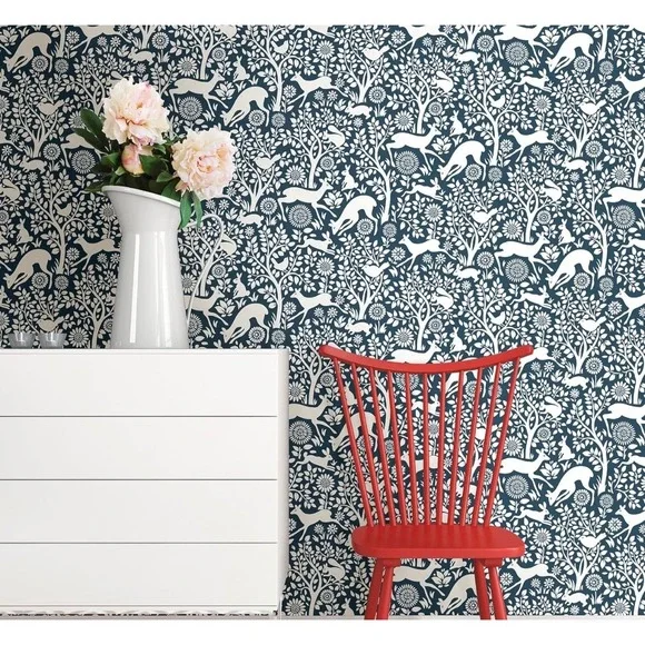 A Street Prints Designer Wallpaper Navy Blue White Woodland Animals FD22730 Lot
