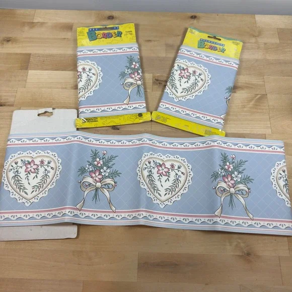 Vintage Borden Floral Heart Wallpaper Border Blue Pink 3 Rolls 45ft