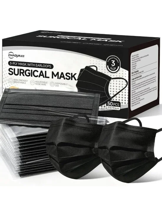 50Pcs Black Disposable 3-Ply Surgical Masks for Adults - Breathable, Great for