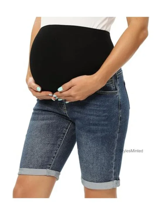 Maternity Bermuda Jean Shorts Over The Belly Stretchy Denim Cuffed Hem