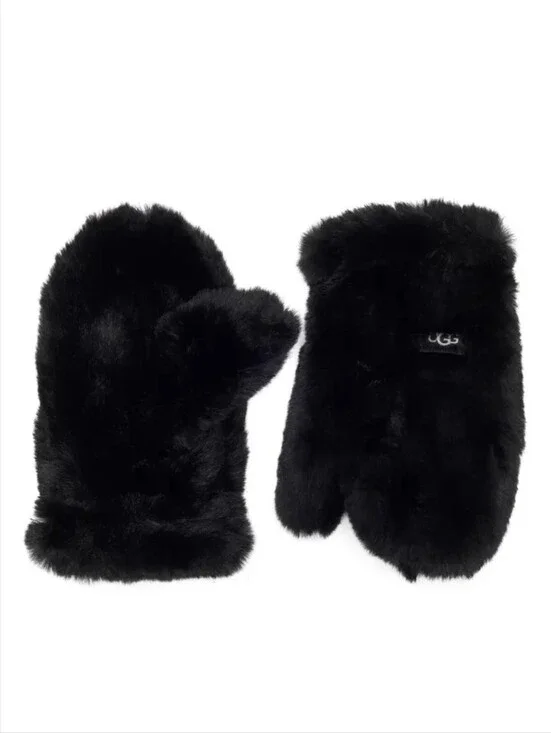 UGG Black Faux Fur Mittens with Logo Tag