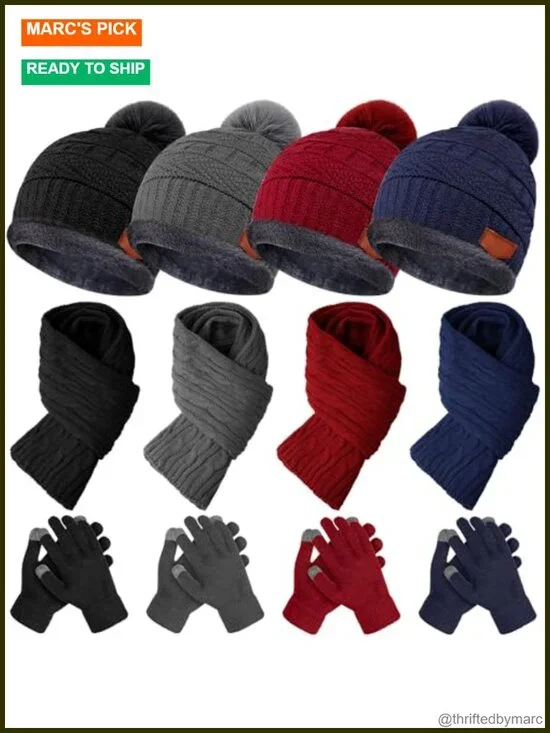 Kids Winter Hat Gloves Scarf Set Thick Fleece Knitted Beanie Touchscreen Gaiter