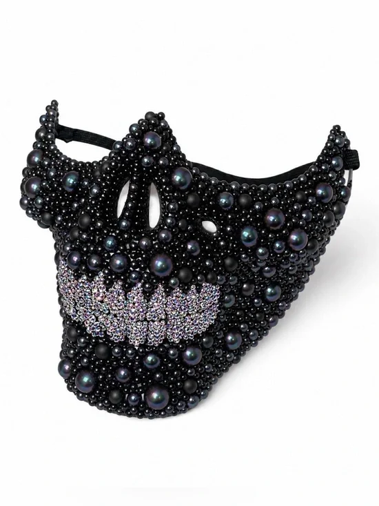 Black Pearls & Rhinestones Half Skull Mask New EDC Halloween Rave Costume