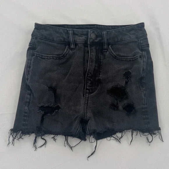 American Eagle Super Stretch Black Distressed High Waisted Denim Shorts 00 Long