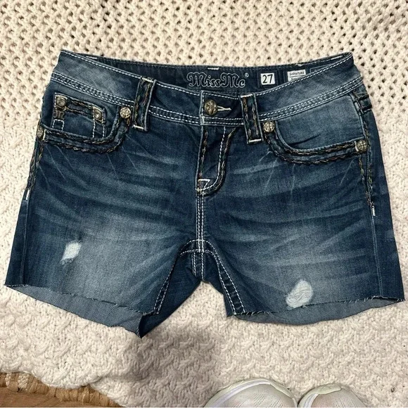 Miss Me Women Cut Off Shorts sz 27 Blue Denim Bling Distressed used to be long