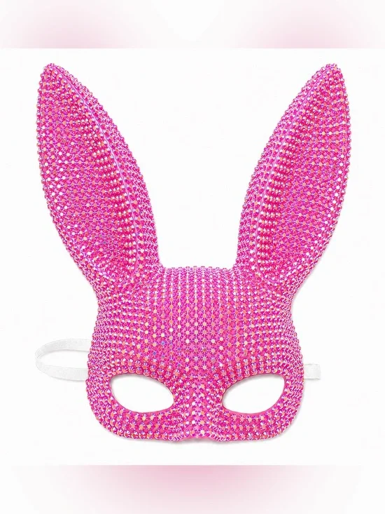 White Pink Iridescent Rhinestone Bunny Ears Mask New