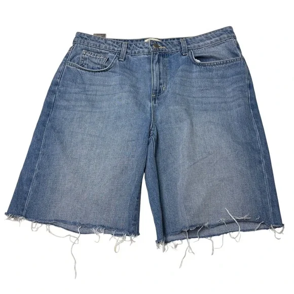 L'AGENCE Bellflower Mid Rise Long Denim Shorts River Blue Raw Hem Womens 30x9