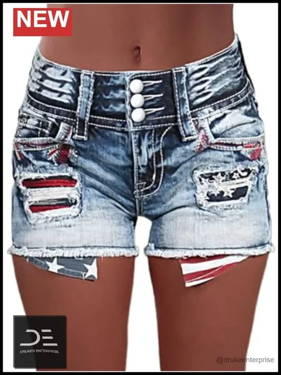 High Waist Distressed Jean Shorts with Raw Hem Button Fly