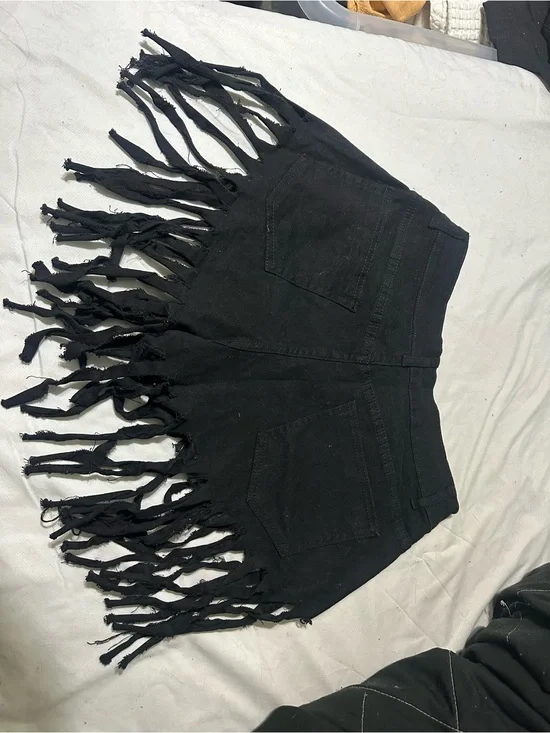 Black Fringe Denim Shorts