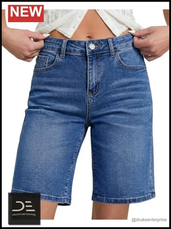 Women's Bermuda Jean Shorts High Waisted Stretchy Denim Jorts with Pockets