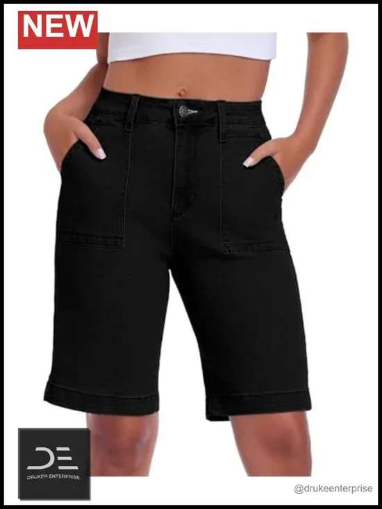 Mid Rise Tummy Control Bermuda Jean Shorts Stretchy Denim Jorts Knee Length Long