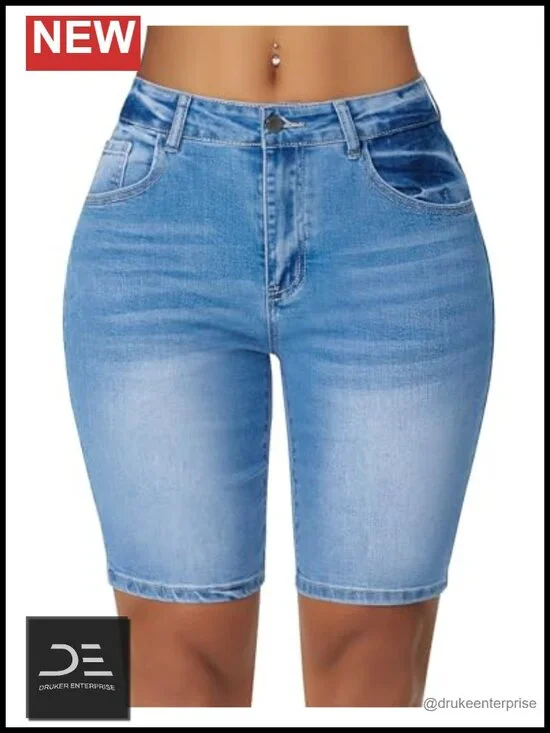 High Waisted Stretchy Bermuda Denim Shorts Knee Length