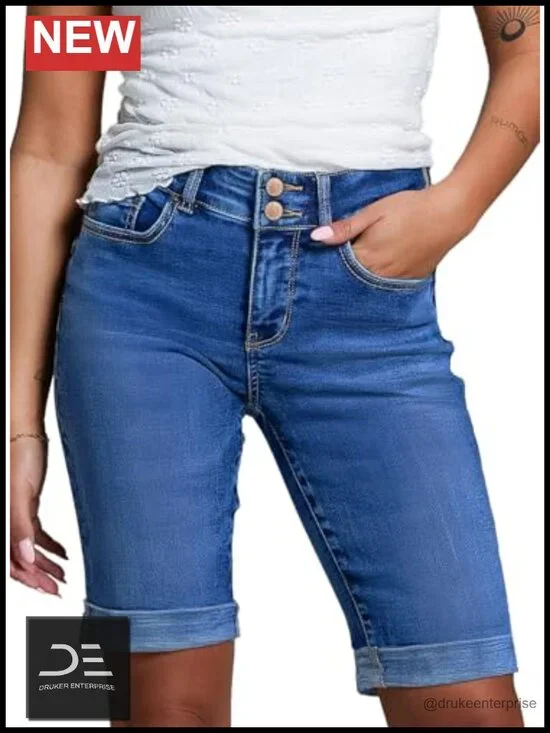 High Waisted Bermuda Jean Shorts with Rolled Hem