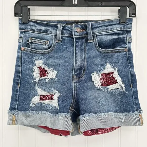 Judy Blue Shorts Womens XS Cuffed Blue Jean Denim Distressed Bandana Print *Flaw