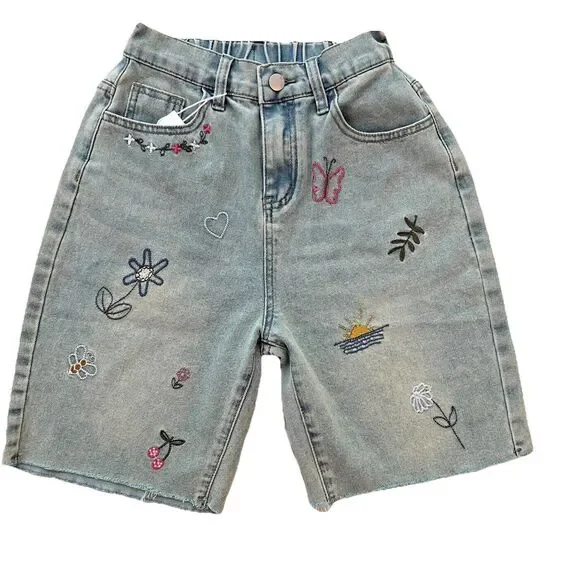Women's high waist demin shorts embroidered with nature motifs S