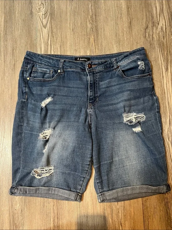 d. jeans Medium Blue Distressed Rolled Cuff Denim Shorts