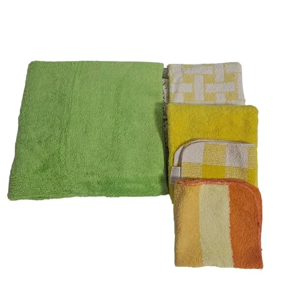 Vintage Utica JP Stevens Bath Hand Towel Washcloth Set Green Retro Soft 60s 70s