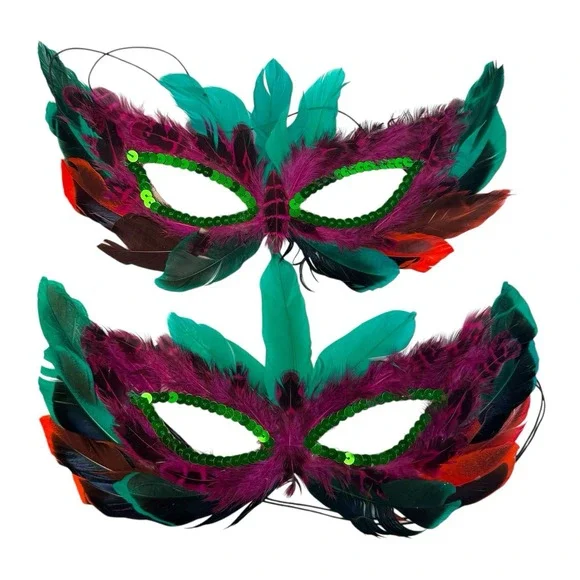 Purple / Green 2 Feather Masquerade Ball Mardi Gras Halloween Mask Costume A18G‎