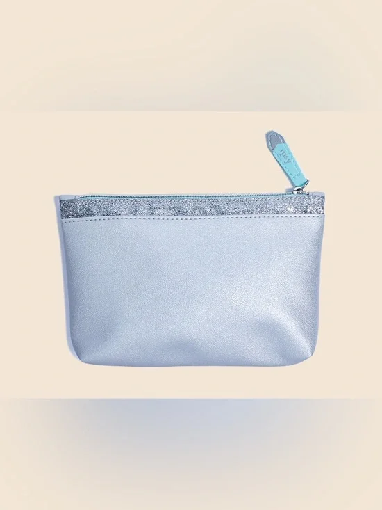 Ipsy Silver Metallic Cosmetic Bag Glitter Trim Mint Zipper Makeup Pouch Travel