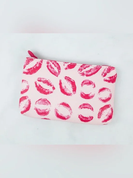 Ipsy Pink Lips Print Leather Makeup Bag Cosmetic Pouch Kiss Print Beauty Case