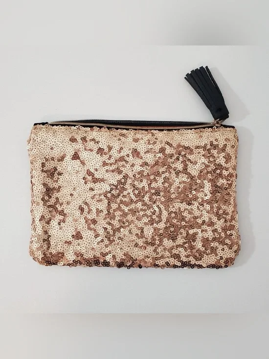 Ipsy Gold Sequin Black Faux Leather Tassel Makeup Bag Cosmetic Pouch Glam Clutch