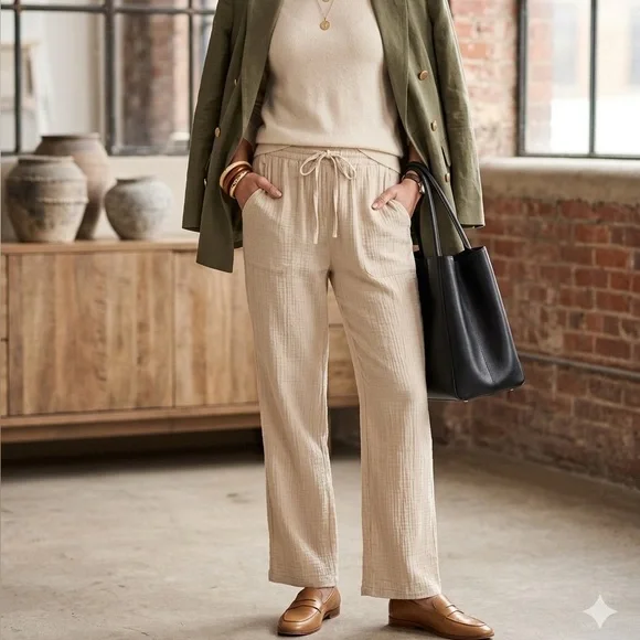 Zara Natural Beige Drawstring Wide-Leg Pants flowy casual lounge travel 1487