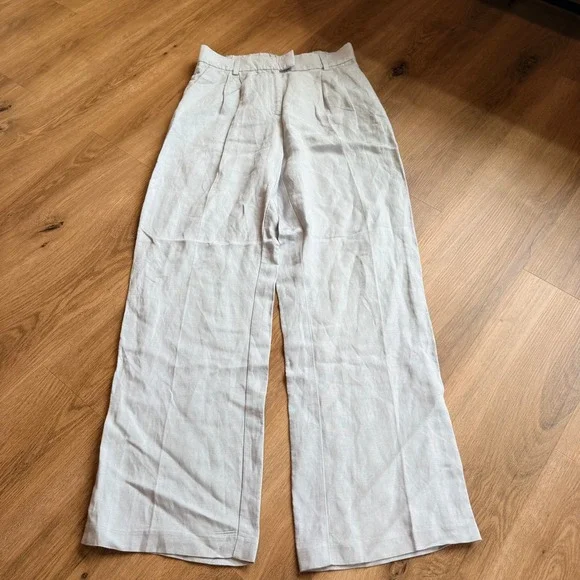 H&M Linen Blend Wide Leg Trousers‎ Light Blue High Waisted Size 8