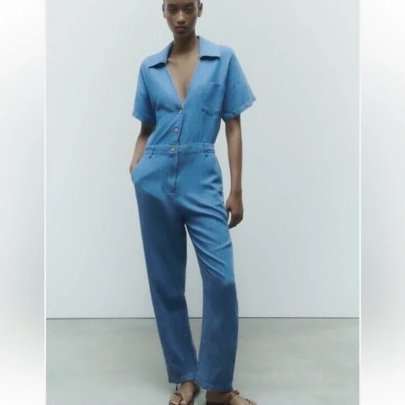 Zara Women’s Blue Denim Cotton‎ Linen Blend Jumpsuit Size Medium