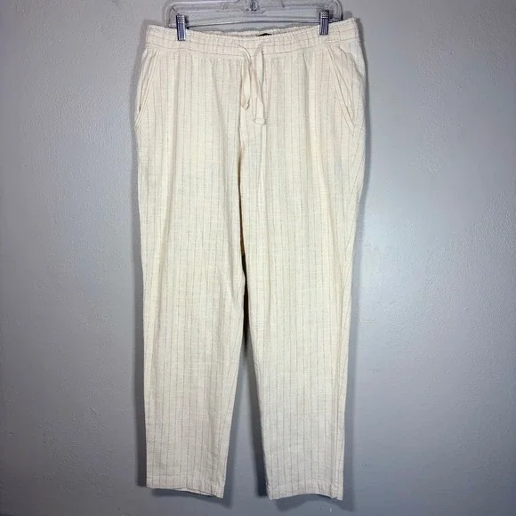 Zara Womens XL Pinstripe Drawstring Linen Blend Pants Cream Blue‎ High Rise