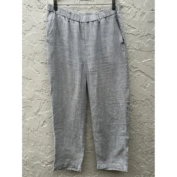 Quince 100% Linen Striped Pants Relaxed Straight LegPull On Large Lagenlook