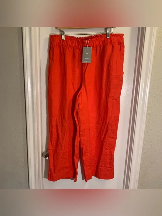 H&M Women's Bright Reddish Orange Cropped Linen-Blend Pants Women’s Size XL